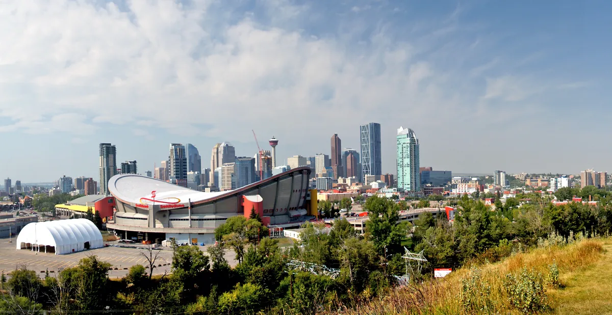 Downtown Calgary skyline with the Calgary Tower and Scotiabank Saddledome