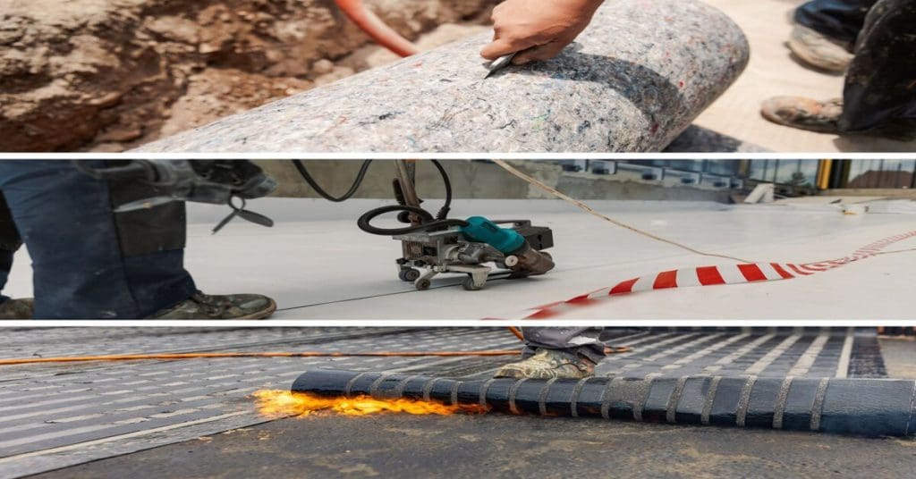 collage of 3 types of EPDM alternatives including SBS, TPO and PVC membrane