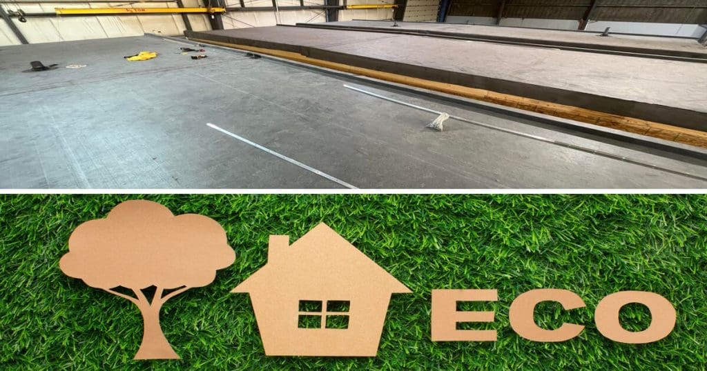 a collage between two pictures: 1st is an epdm flat roof being installed, and the 2nd picture contains an green eco certification